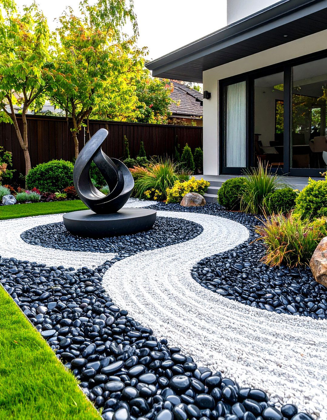 Polished Pebbles and Sculptural Art - 30 front yard landscaping ideas with rocks no grass
