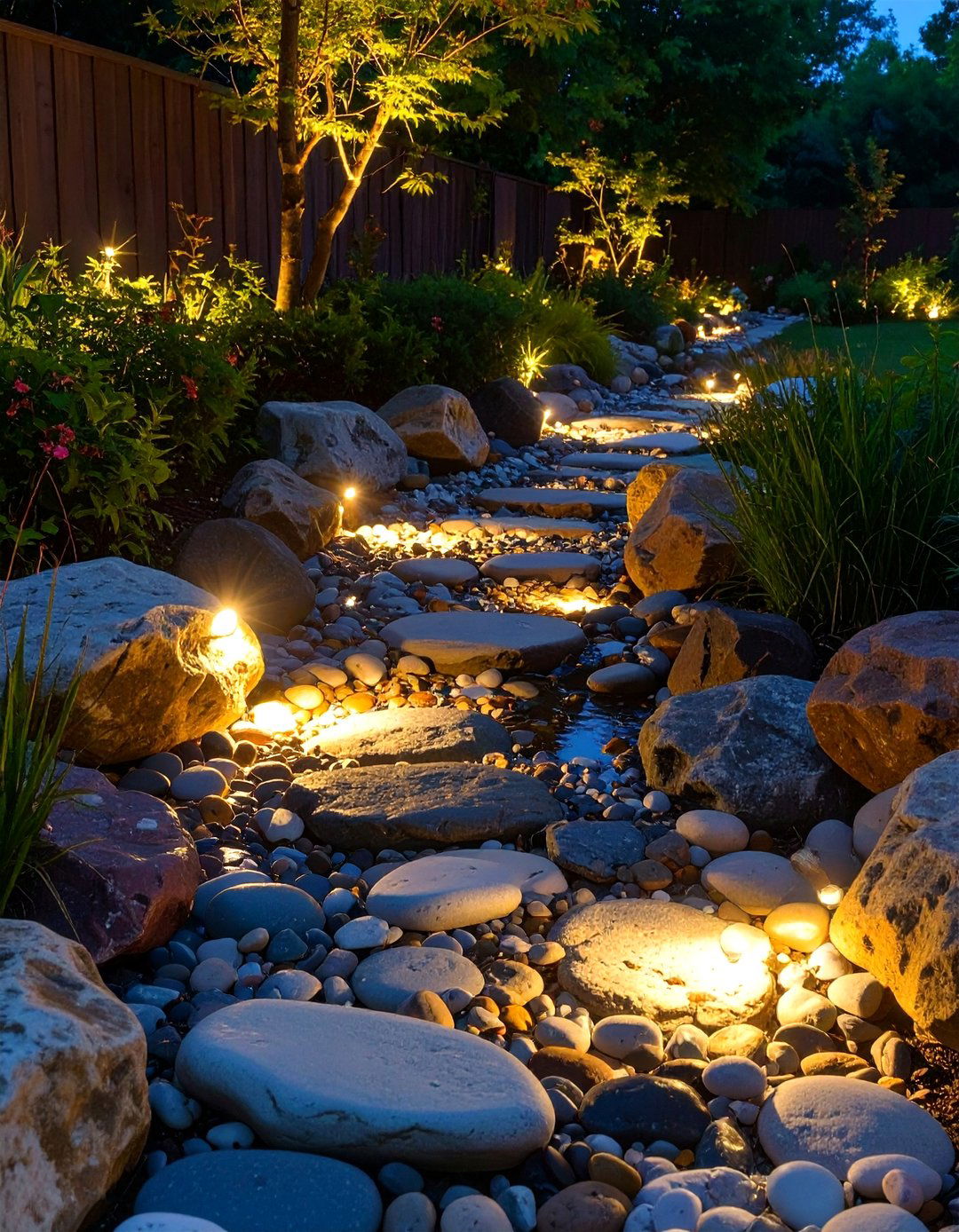Polished River Rock Dry Creek Bed - 30 backyard pathway ideas