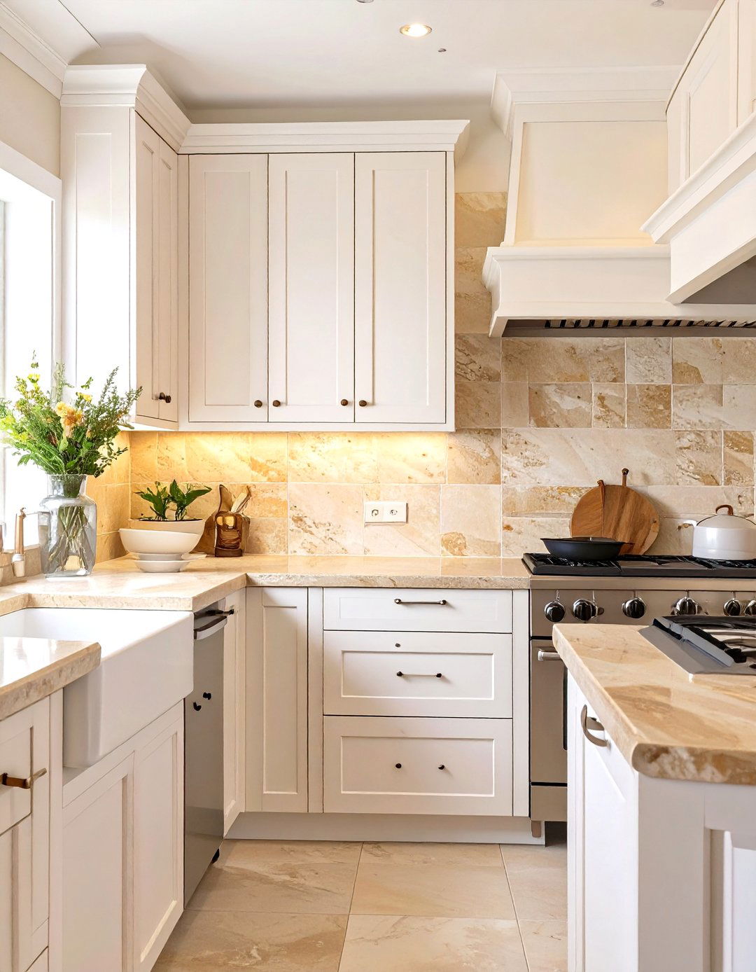 Polished Travertine Tile Backsplash - 30 white cabinet kitchen backsplash ideas
