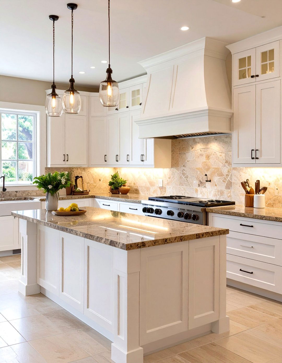Polished Travertine Tile Backsplash - 30 backsplash ideas for white cabinets and granite countertops
