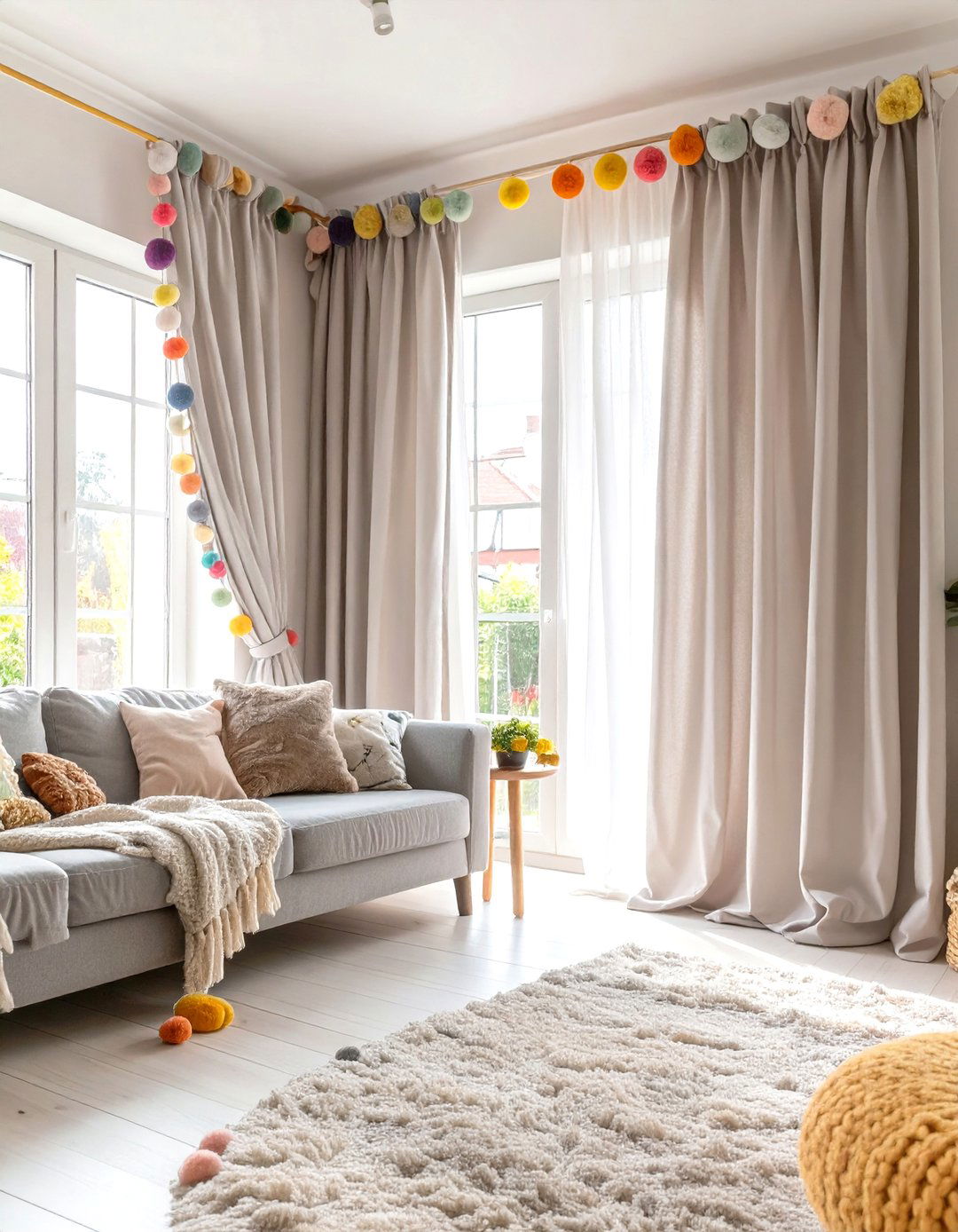 Pom Pom Trim Curtains for a Playful Touch - 30 curtain ideas for living room