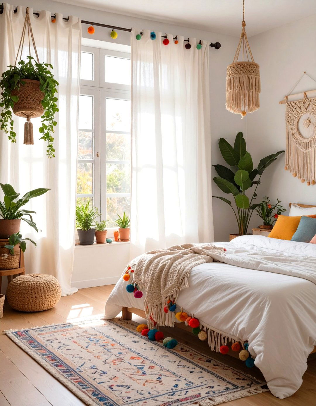 Pom Pom Trim Curtains in a Bohemian Bedroom - 30 curtain ideas for bedroom