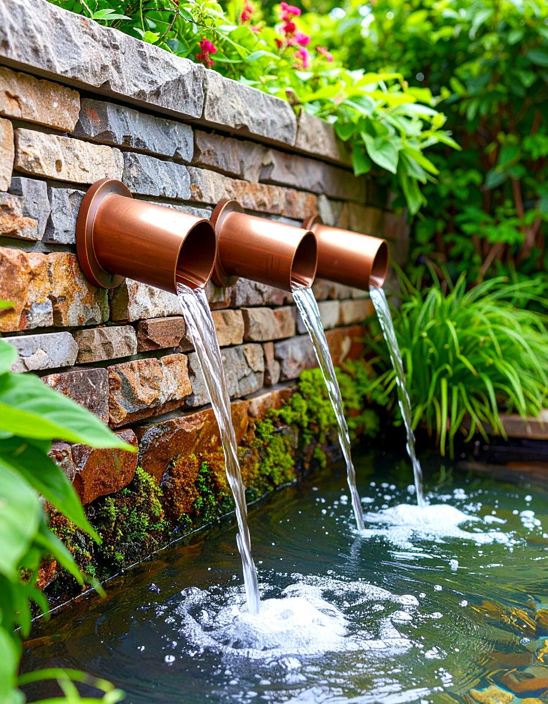 Pond Fed by a Wall Fountain - 30 pond landscaping ideas