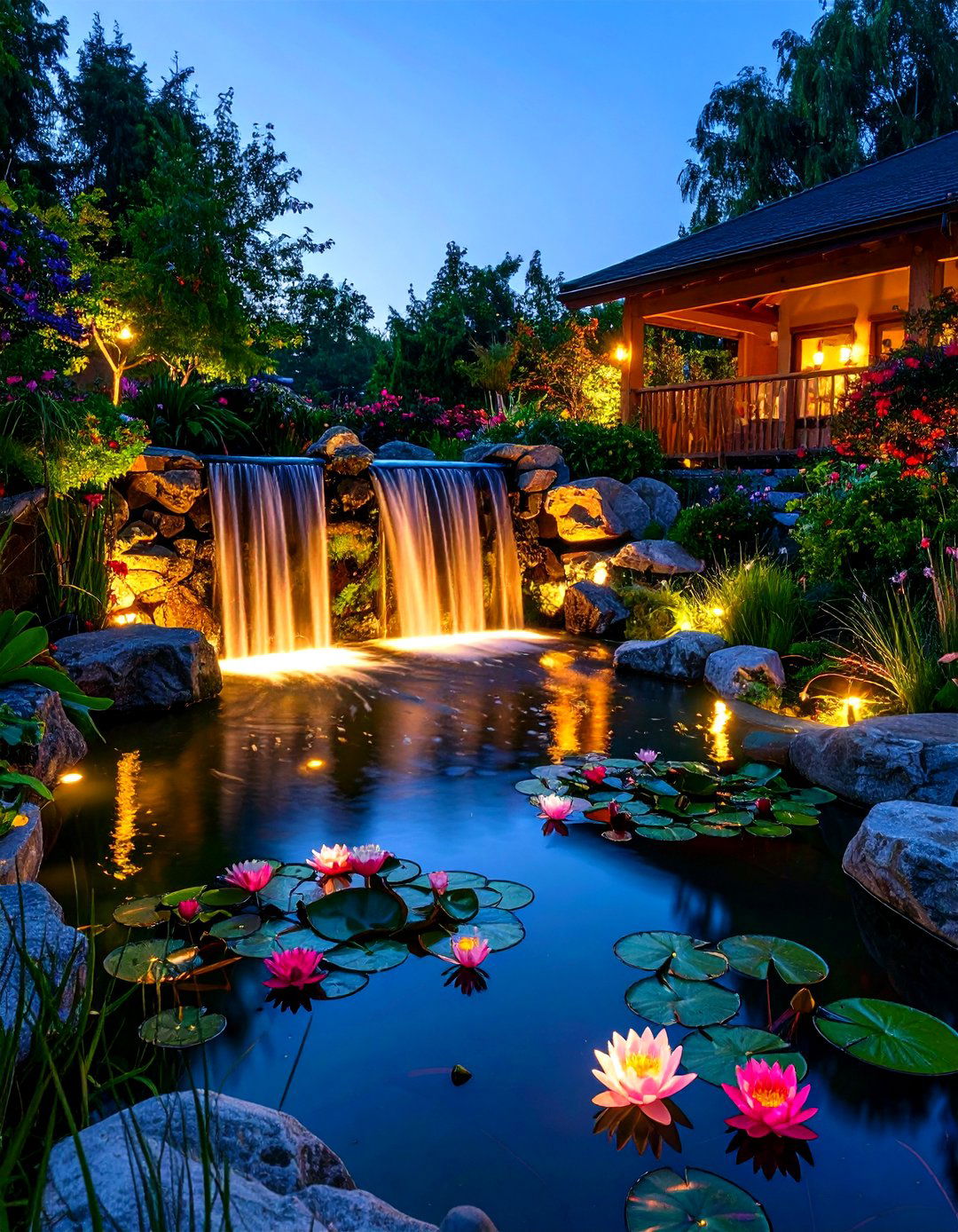 Pond Illuminated with Submersible Lighting - 30 pond landscaping ideas