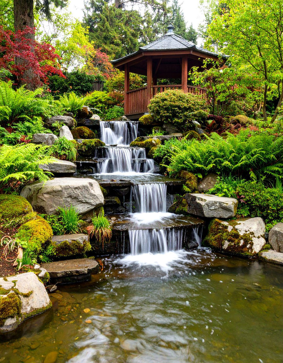 Pond with a Multi Tiered Waterfall - 30 pond landscaping ideas