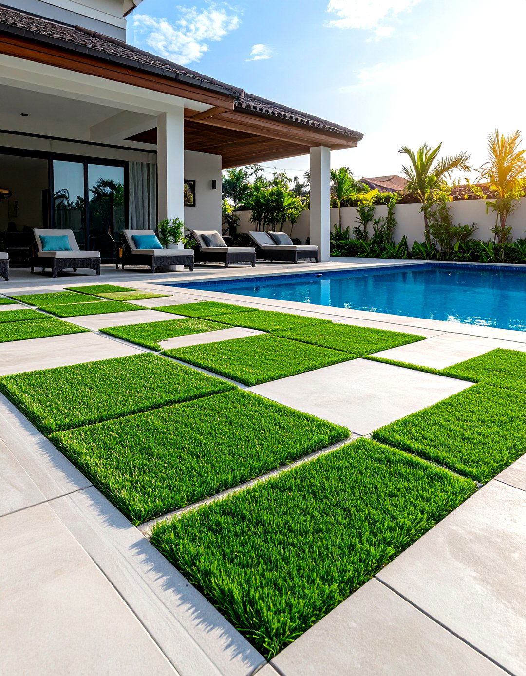 Pool Deck with Artificial Turf Inlays - 30 pool deck ideas