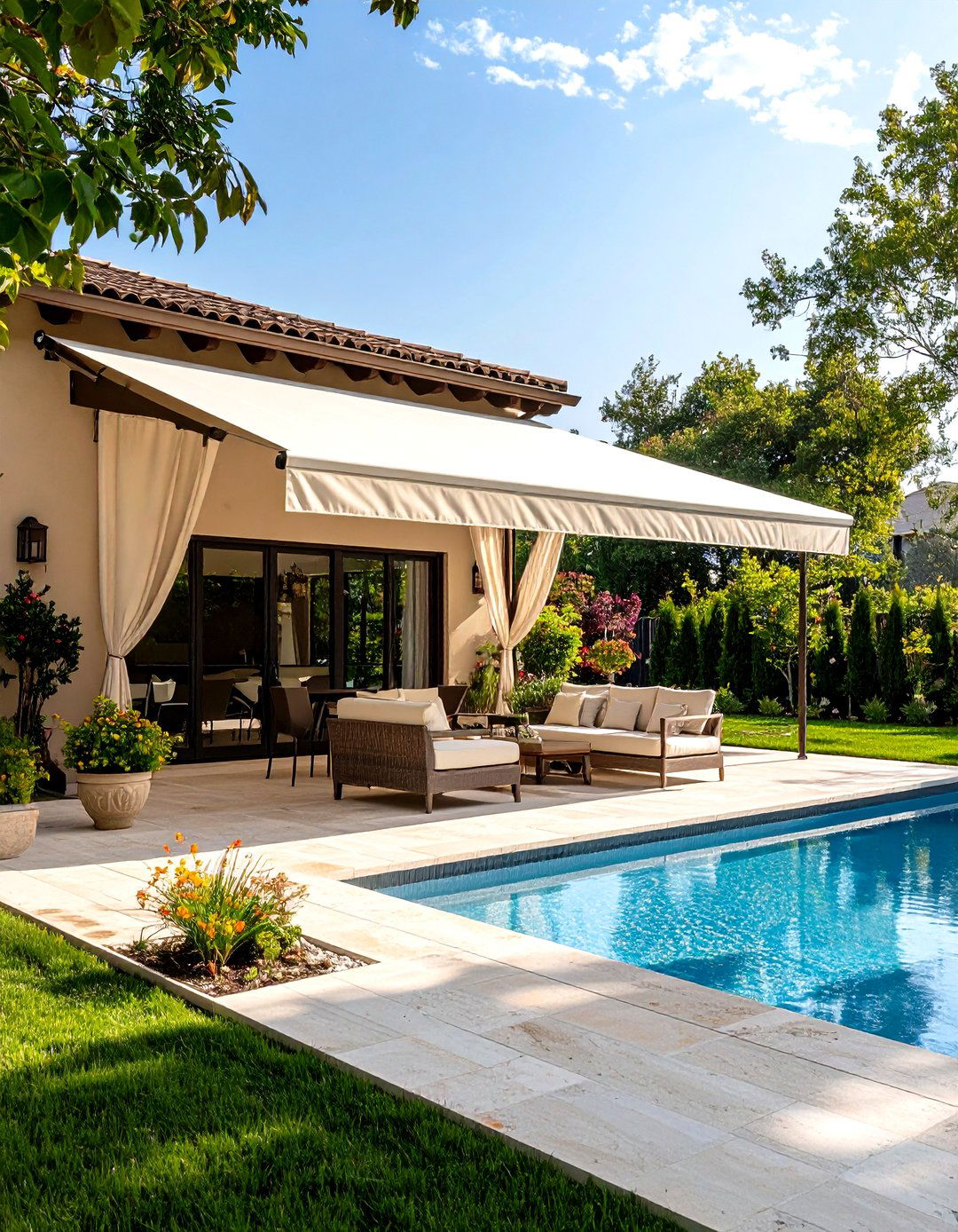 Pool Deck with Retractable Awning - 30 pool deck ideas
