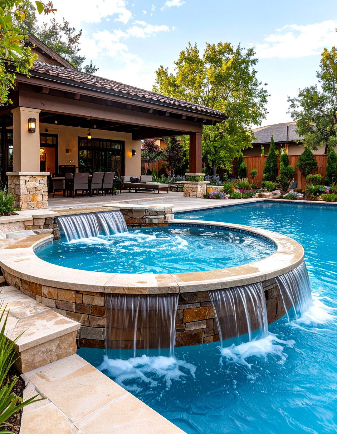 Pool Patio with Integrated Hot Tub - 30 pool patio ideas