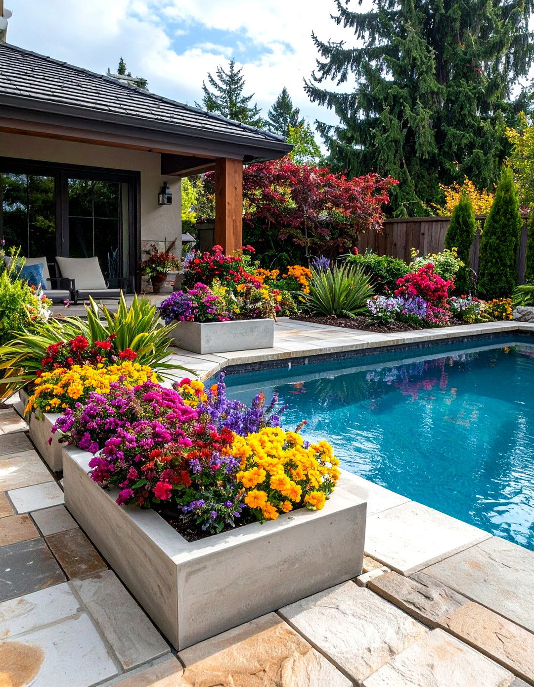 Pool Patio with Integrated Planters - 30 pool patio ideas