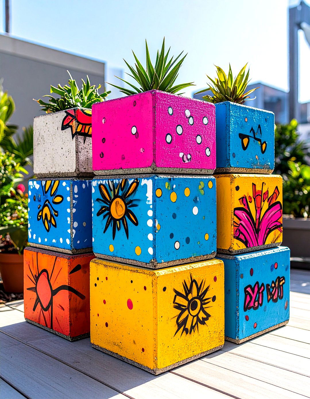 Pop Art Inspired Cinder Block Planters - 30 painted cinder block garden ideas