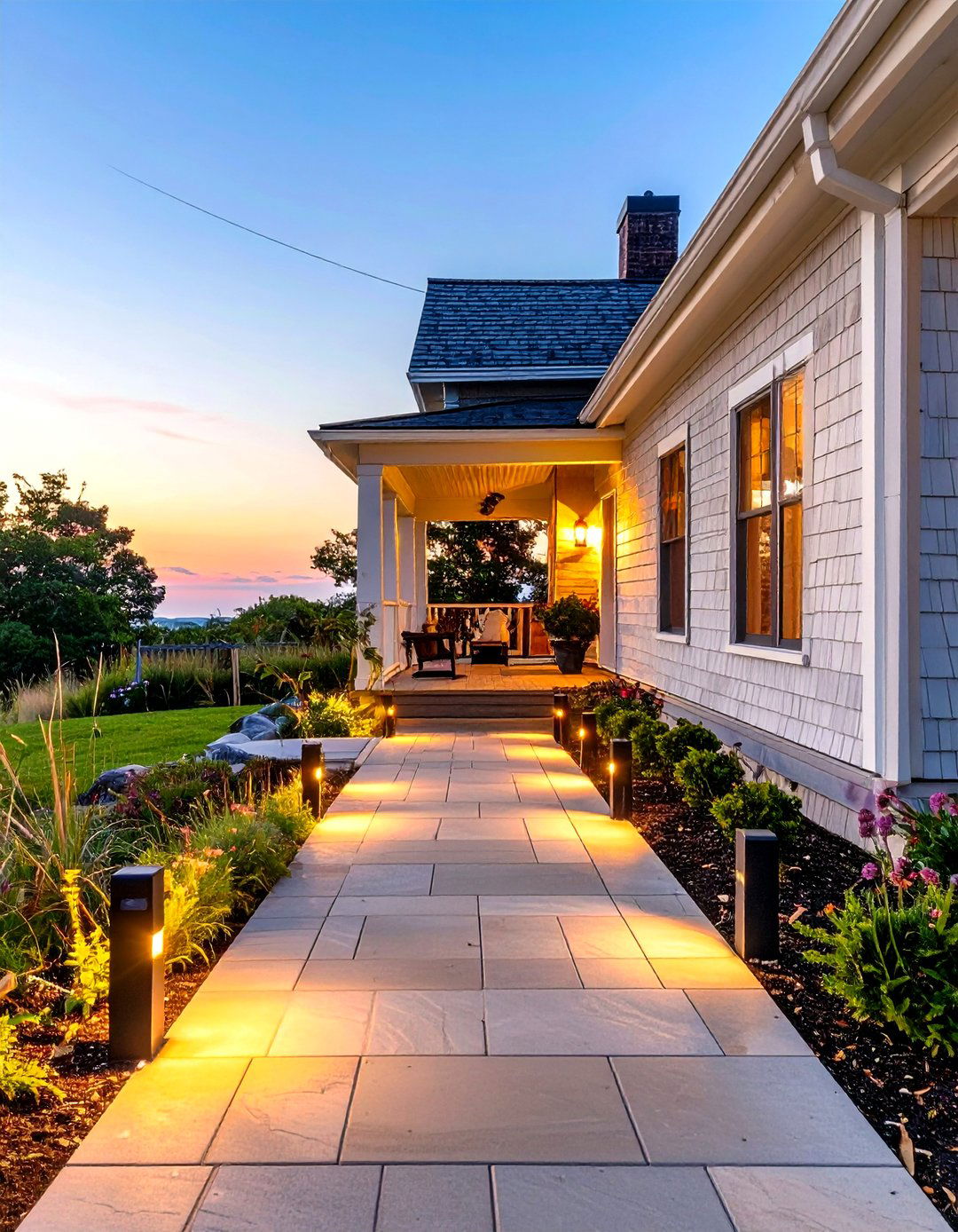 Porch Illuminated by Solar Pathway Lights - 30 small cape cod front porch ideas