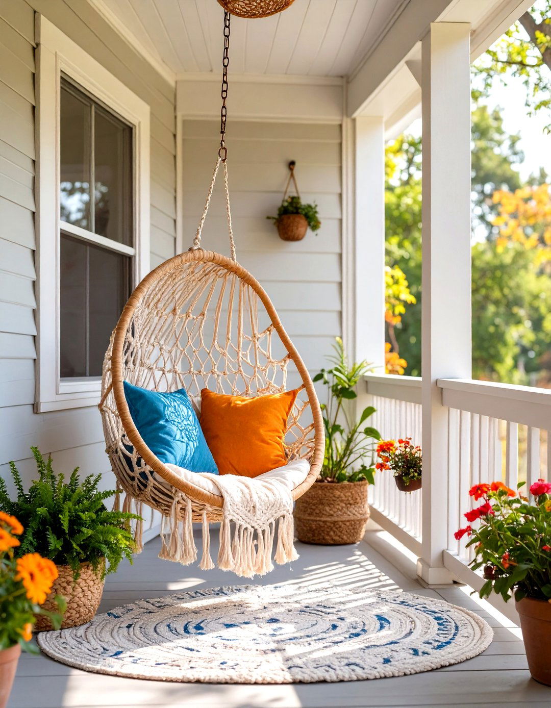 Porch with Hanging Chair Nook - 30 single wide mobile home porch ideas