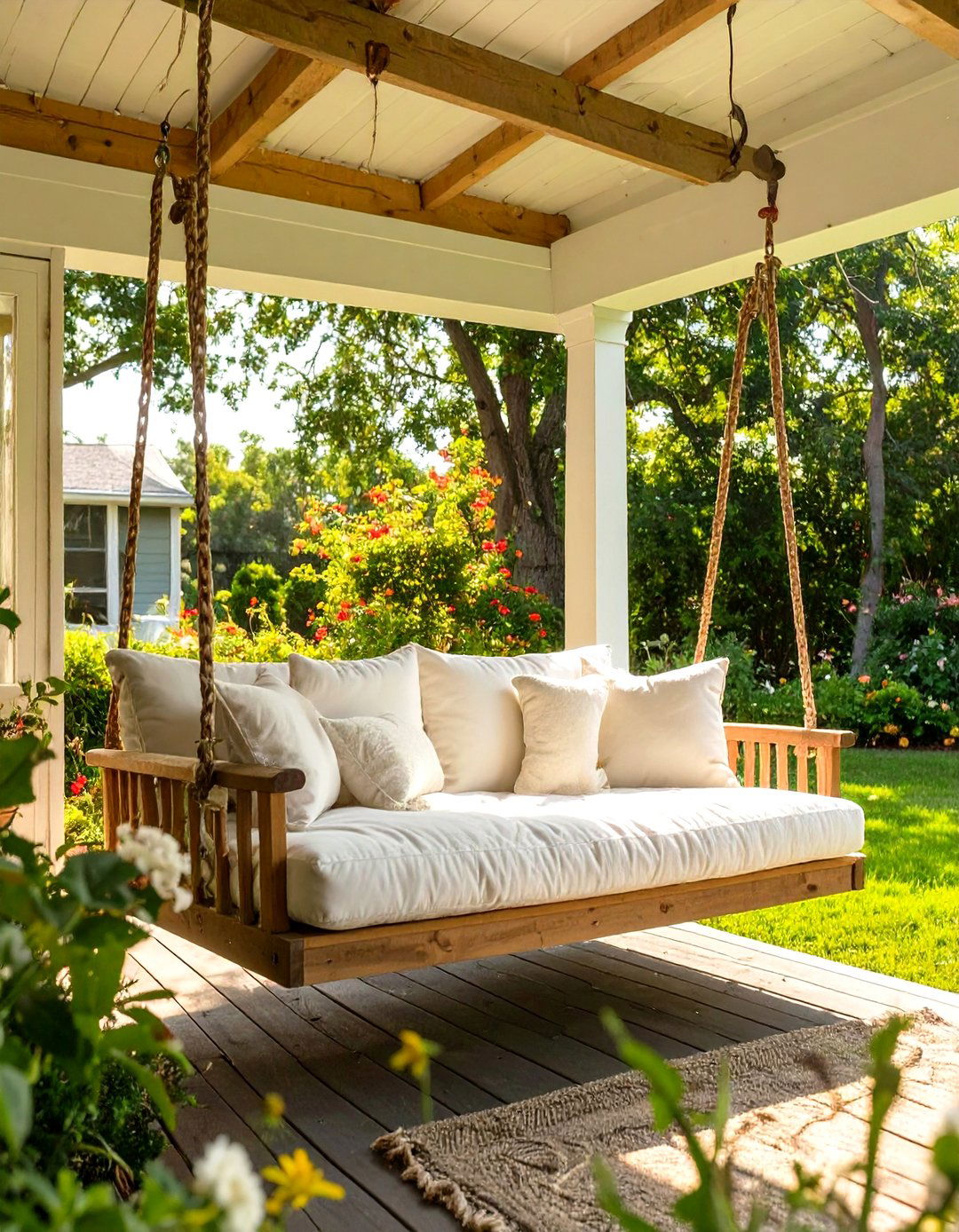 Porch with a Swing Bed - 30 single wide mobile home porch ideas