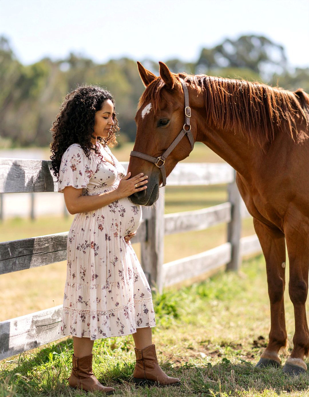 Posing with a Horse on a Ranch Maternity Photoshoot - 30 outdoor maternity photoshoot ideas
