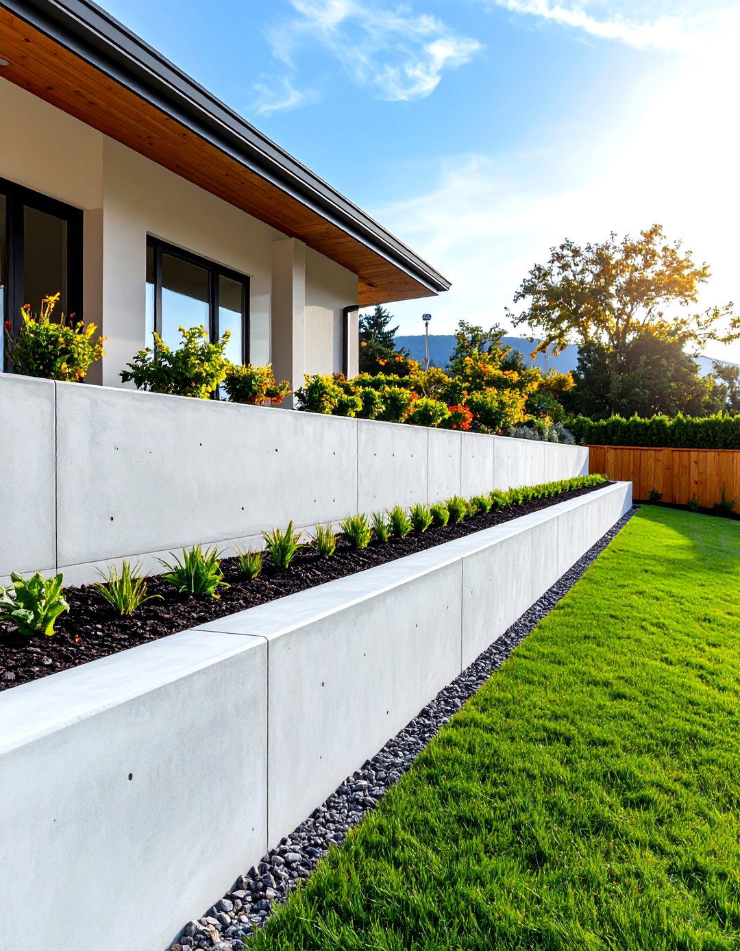 Poured Concrete Retaining Wall with a Smooth Finish - 30 retaining wall ideas for sloped backyard