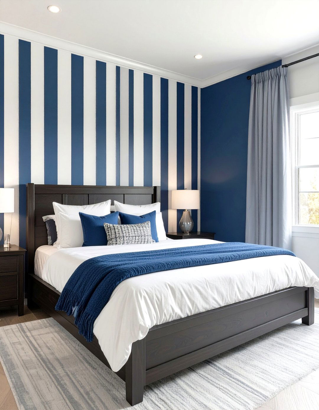 Preppy Navy and White Stripe Bedroom - 30 modern navy blue bedroom ideas