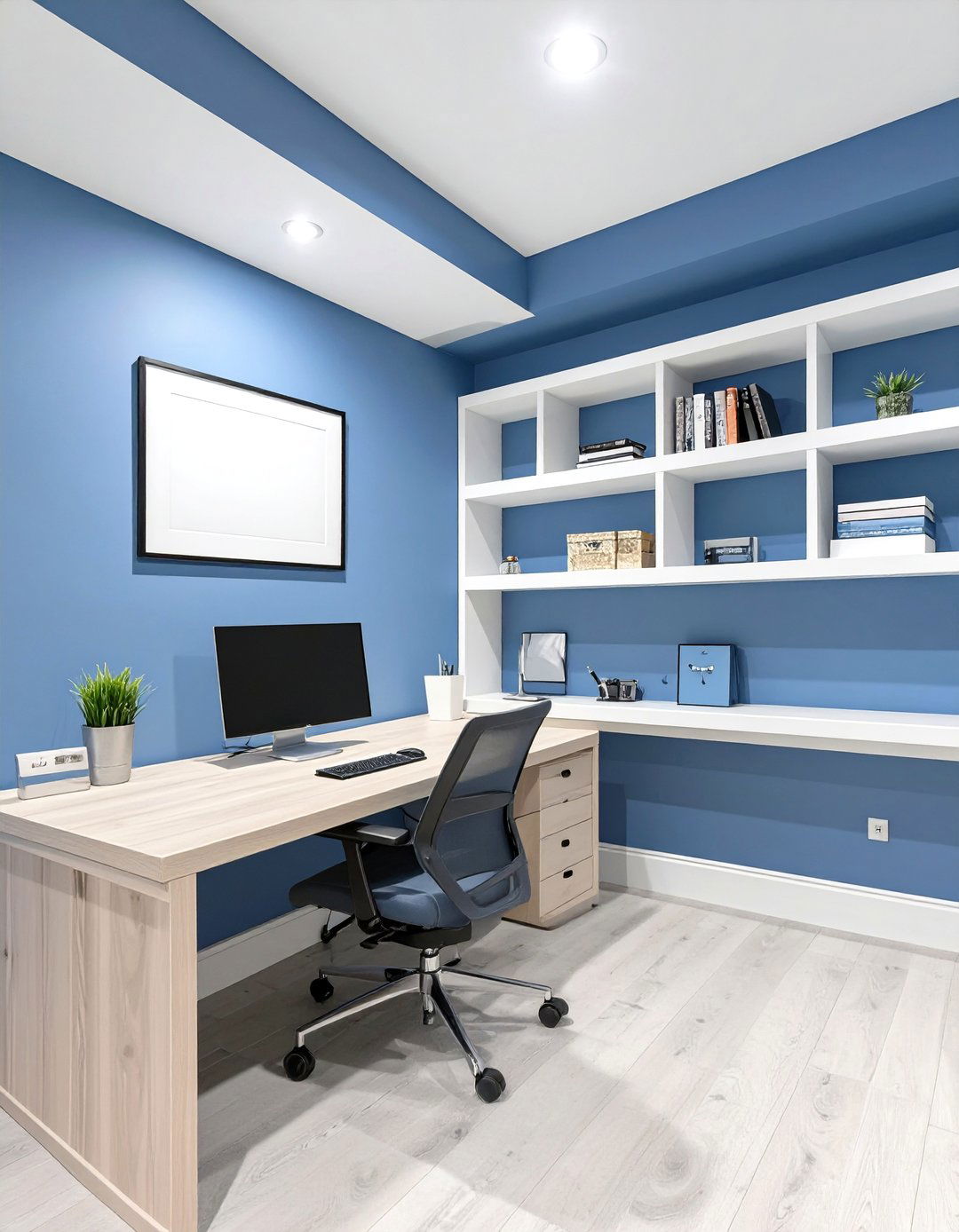 Professional Blue and White Basement Office - 30 basement color ideas