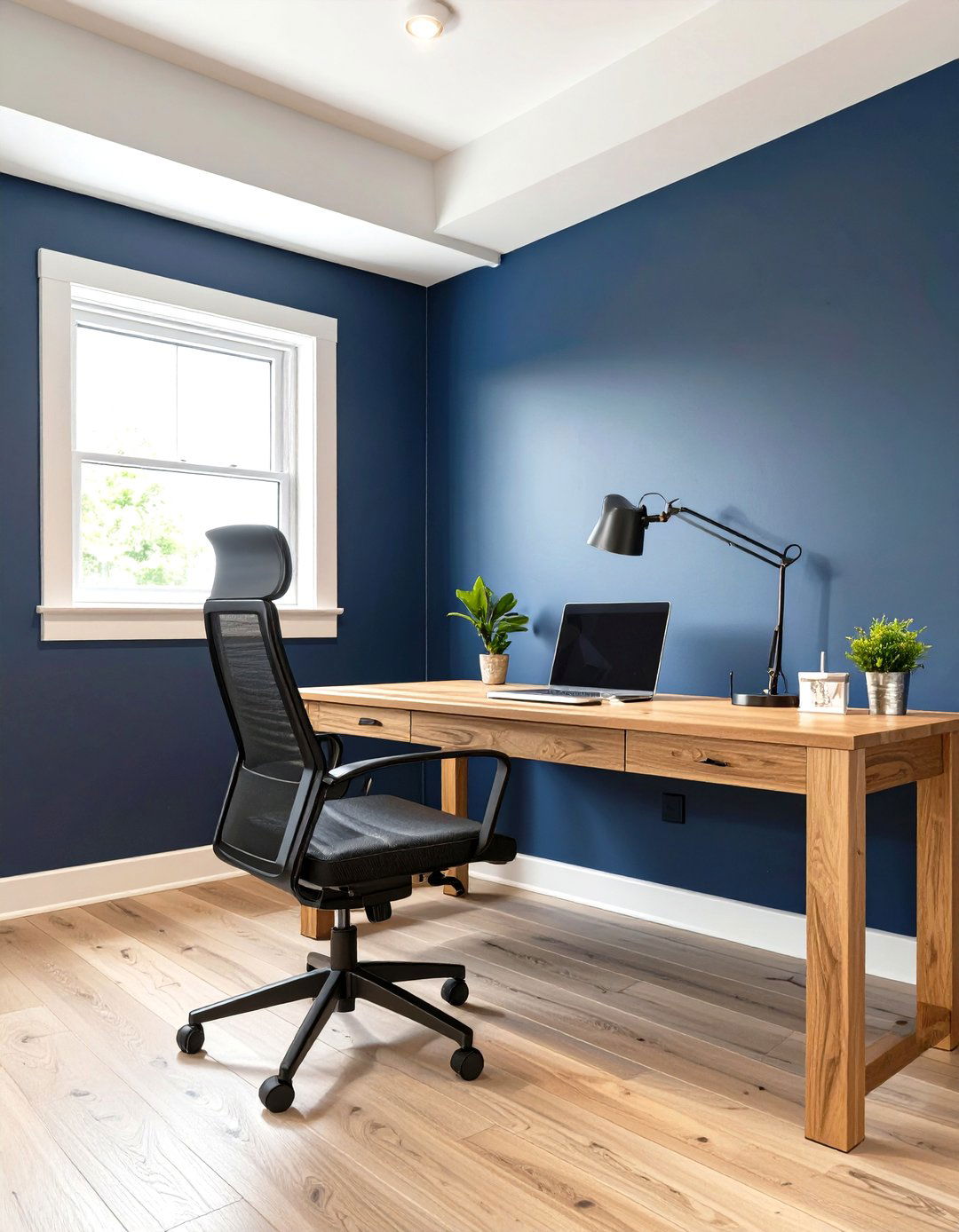 Professional Navy and Wood Home Office - 30 modern basement color ideas decorating