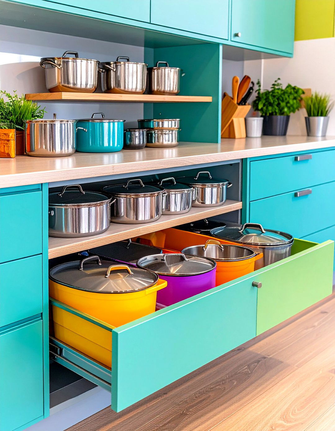 Pull Out Pot and Lid Organizer - 30 kitchen cabinet storage ideas