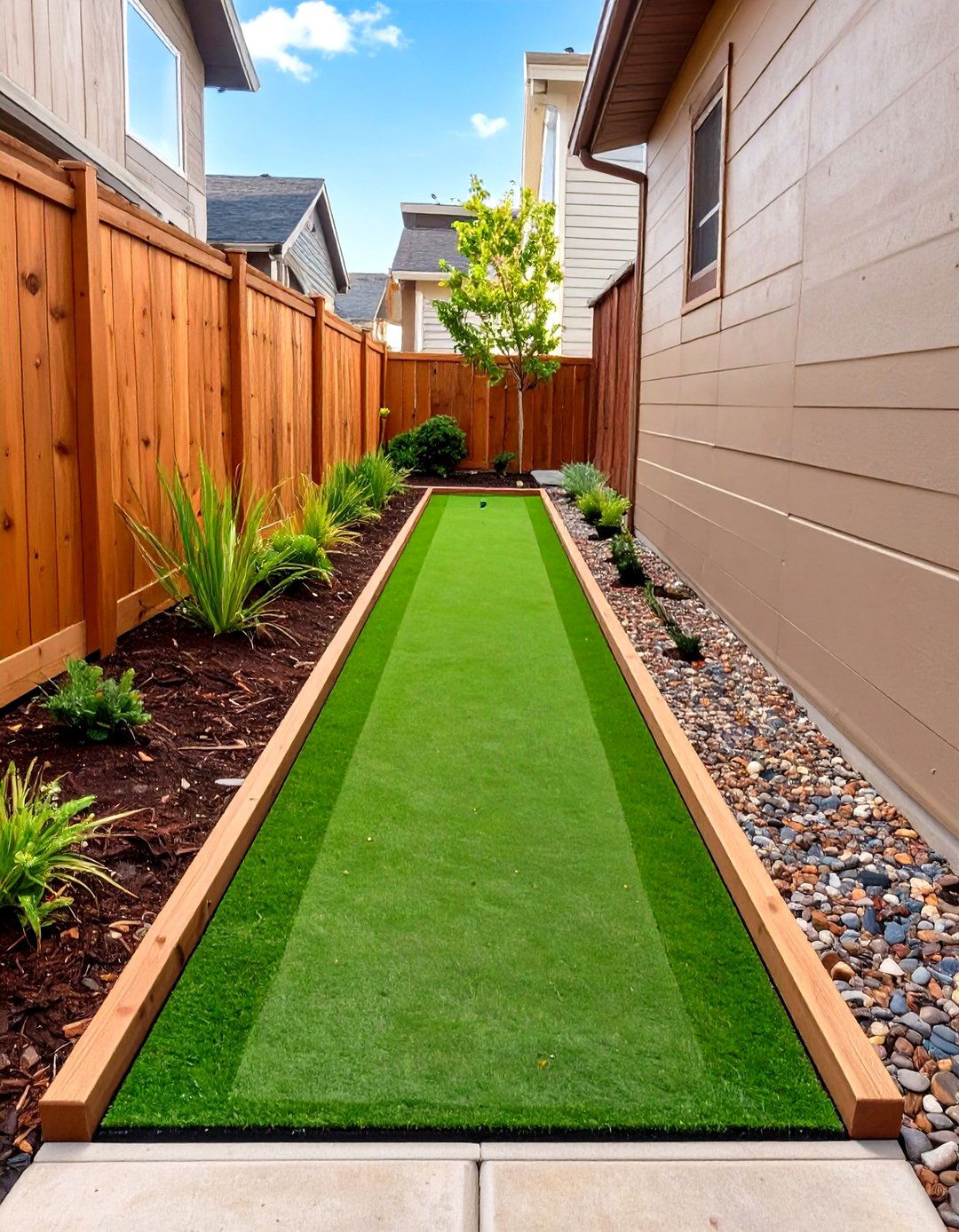 Putting Green Tucked into a Side Yard - 30 small backyard putting green ideas