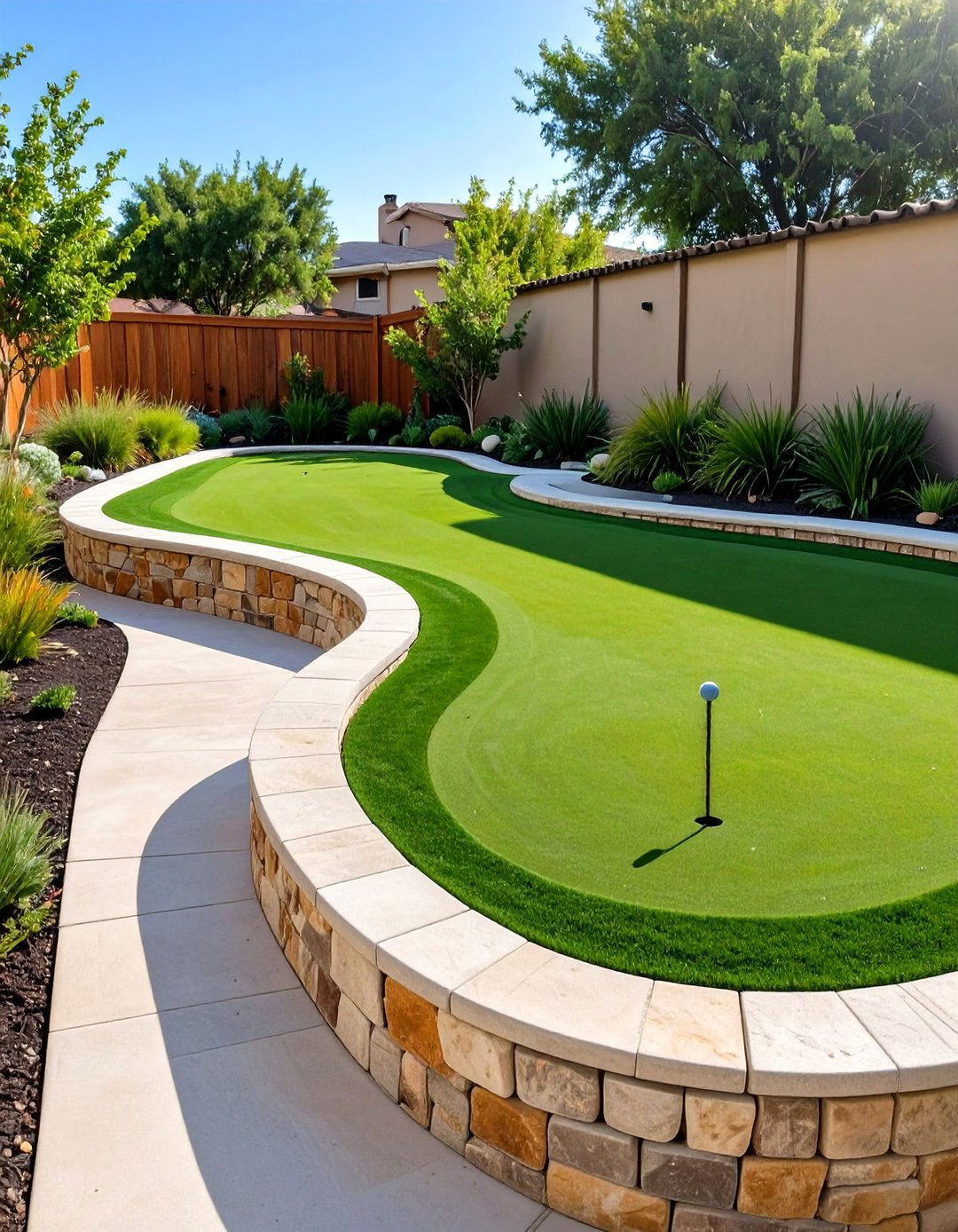 Putting Green with Integrated Seating - 30 small backyard putting green ideas