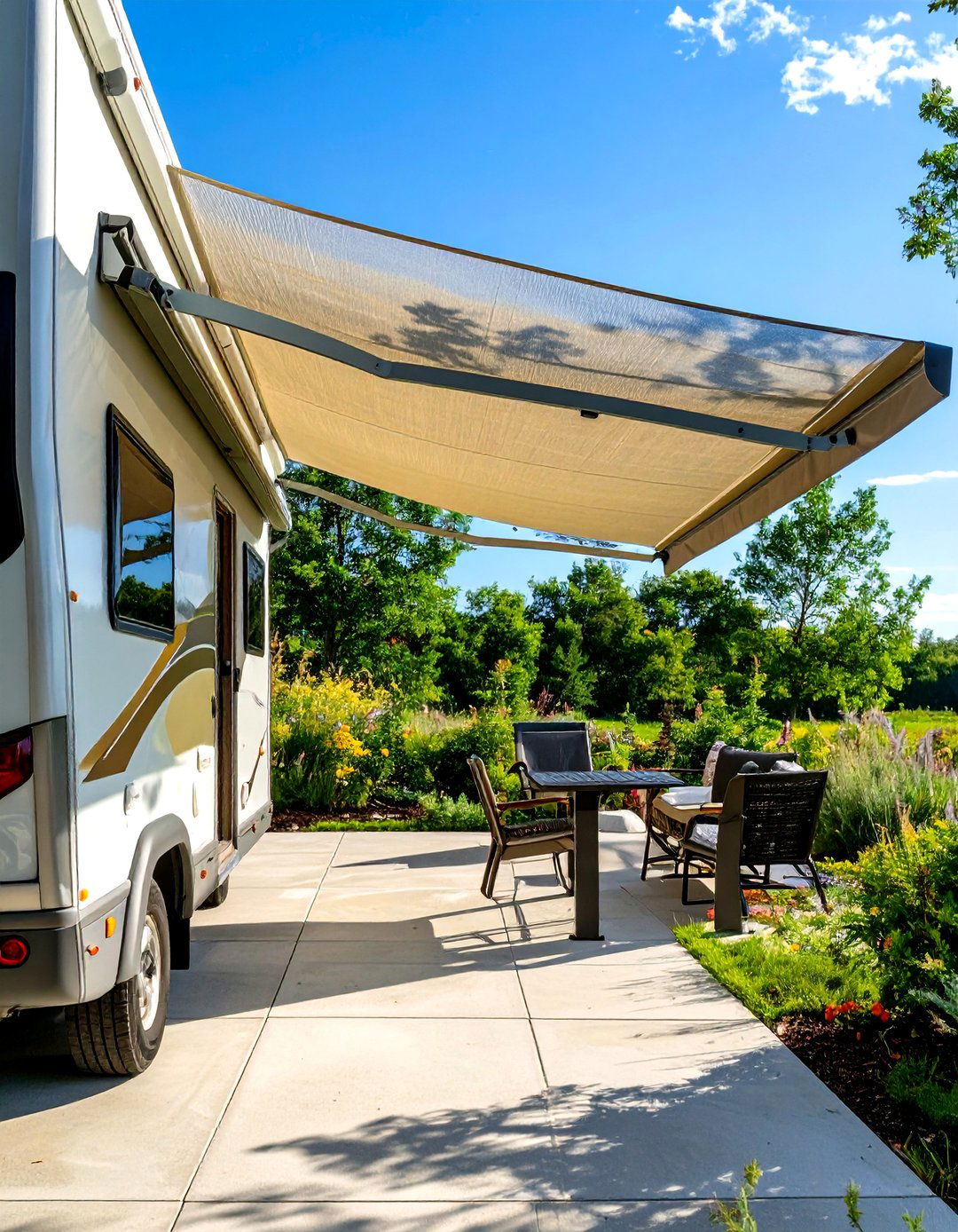 RV Patio with an Awning Sun Shade - 30 rv patio ideas