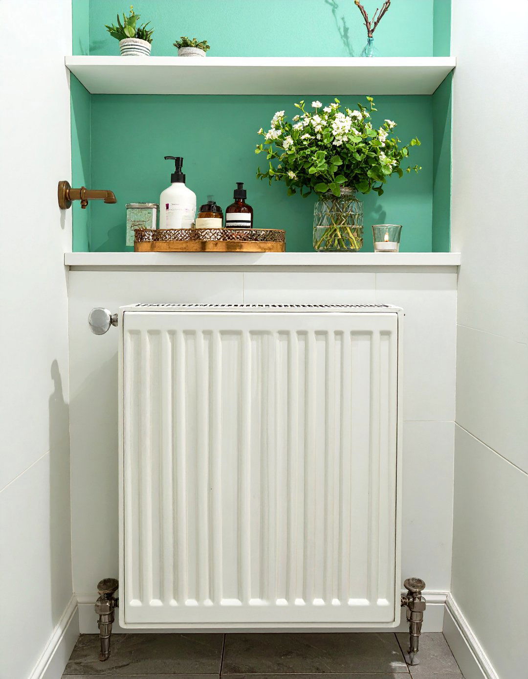 Radiator Cover with a Shelf Top - 30 shelves very small bathroom storage ideas