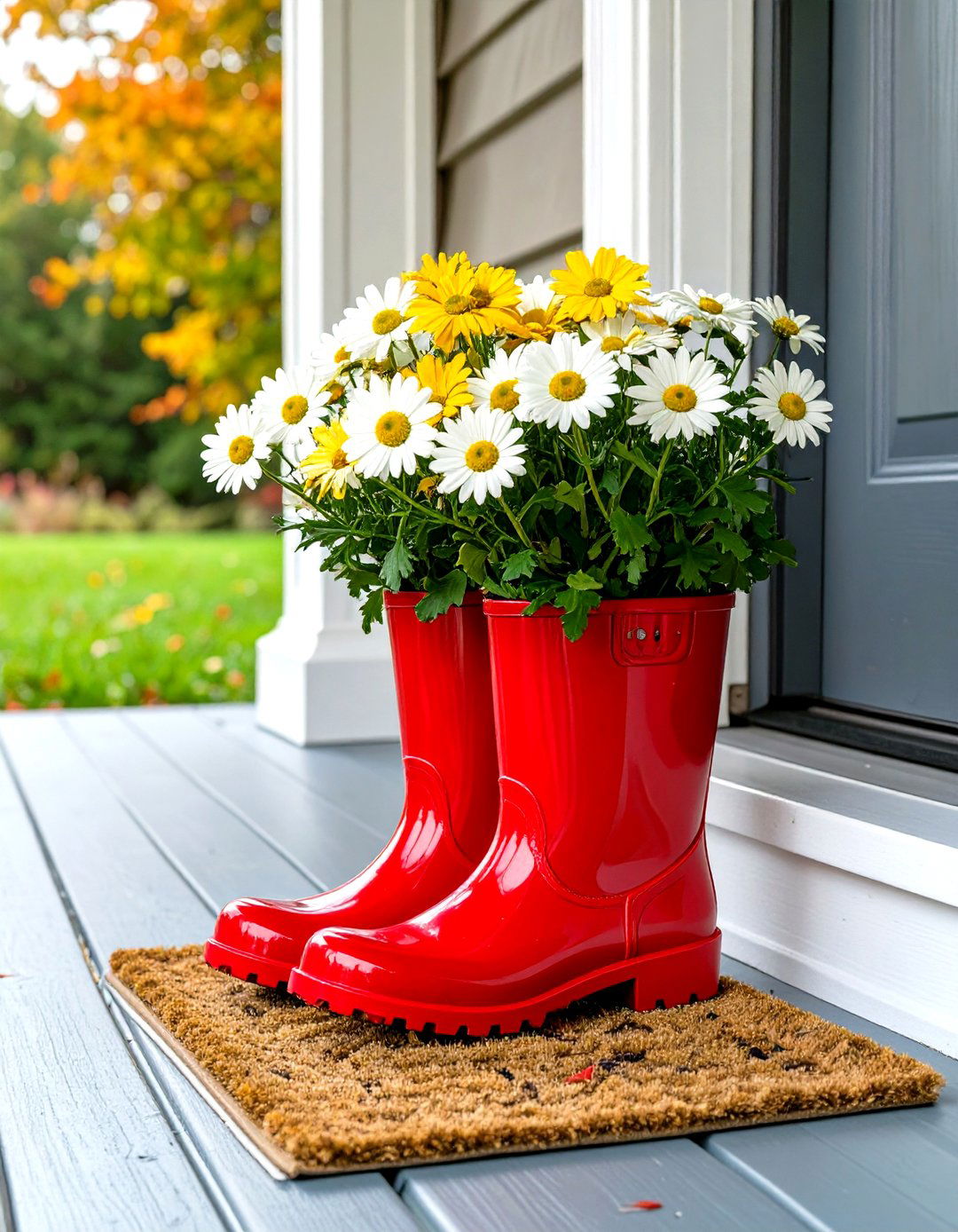 Rain Boots as a Planter - 30 small front porch fall decorating ideas