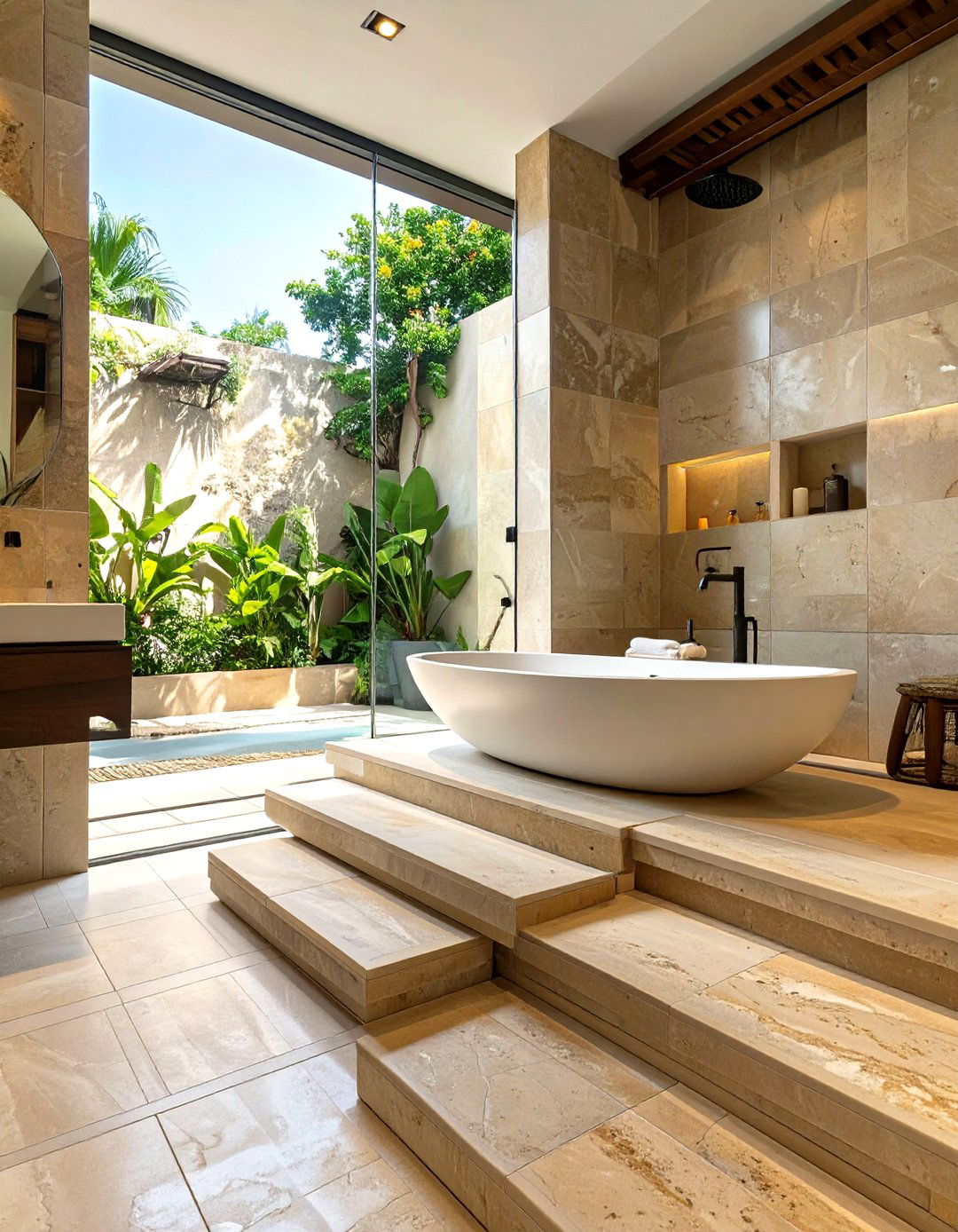 Raised Deck Tub Leading into a Doorless Shower - 30 shower and tub ideas