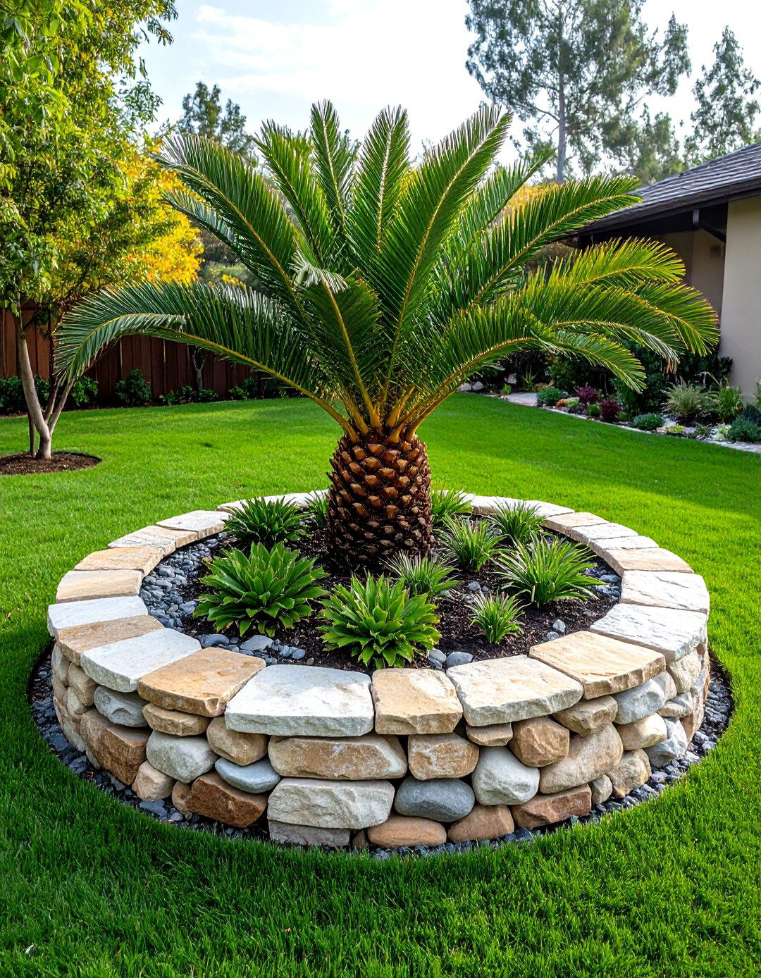 Raised Planter Bed for a Centerpiece Palm - 30 front yard palm tree landscape design ideas