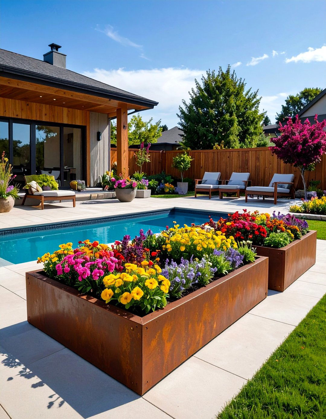 Raised Planter Beds for Color - 30 pool landscape ideas