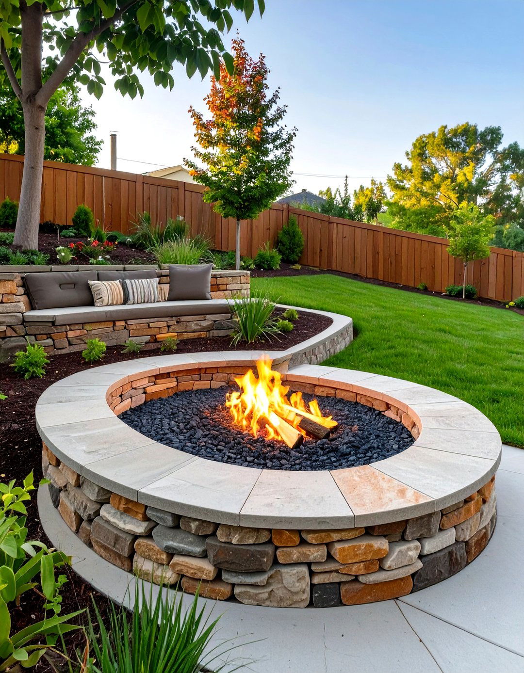 Raised Stone Fire Pit with a Retaining Wall - 30 small backyard fire pit ideas landscaping