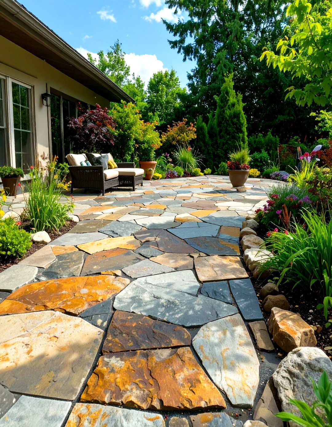 Random Stone Stamped Concrete Patio - 30 stamped concrete patio ideas