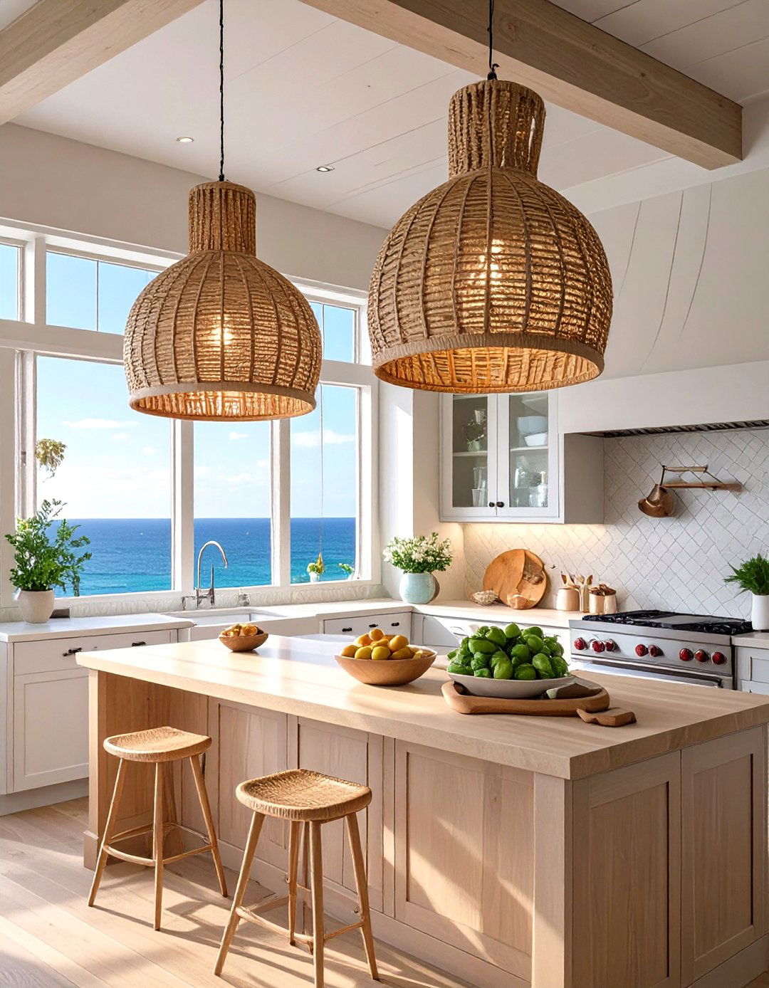 Rattan Pendant Lights - 30 seaside coastal kitchen design ideas