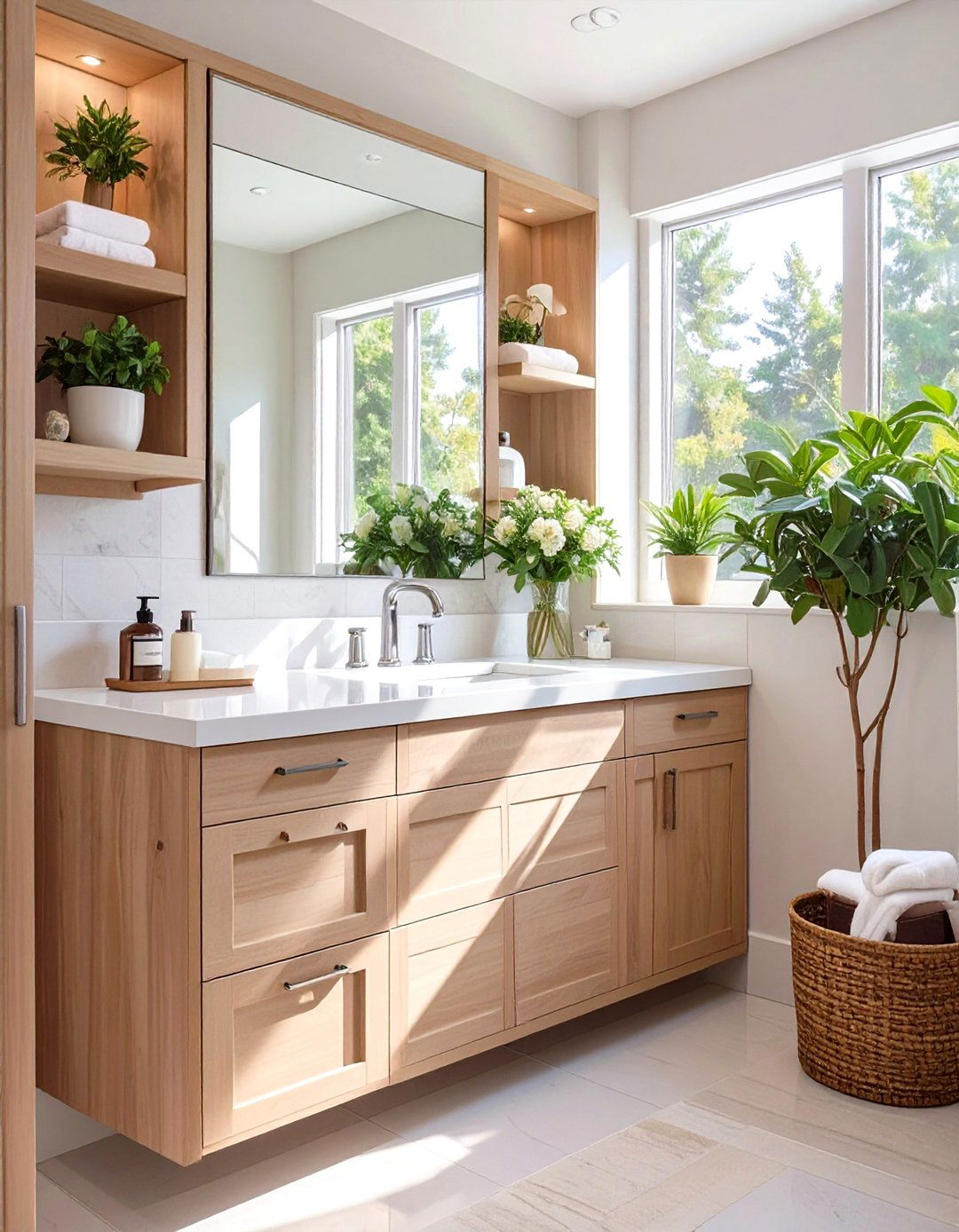 Recessed Medicine Cabinet with Open Shelves - 30 bathroom shelving ideas