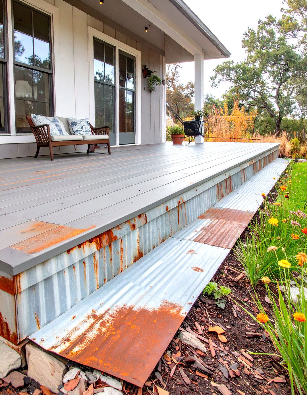 Reclaimed Corrugated Tin - 30 inexpensive deck skirting ideas