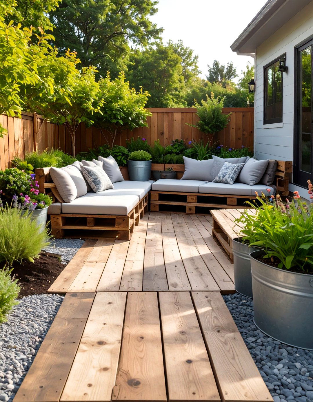 Reclaimed Pallet Wood Backyard Deck - 30 cheap no grass backyard ideas