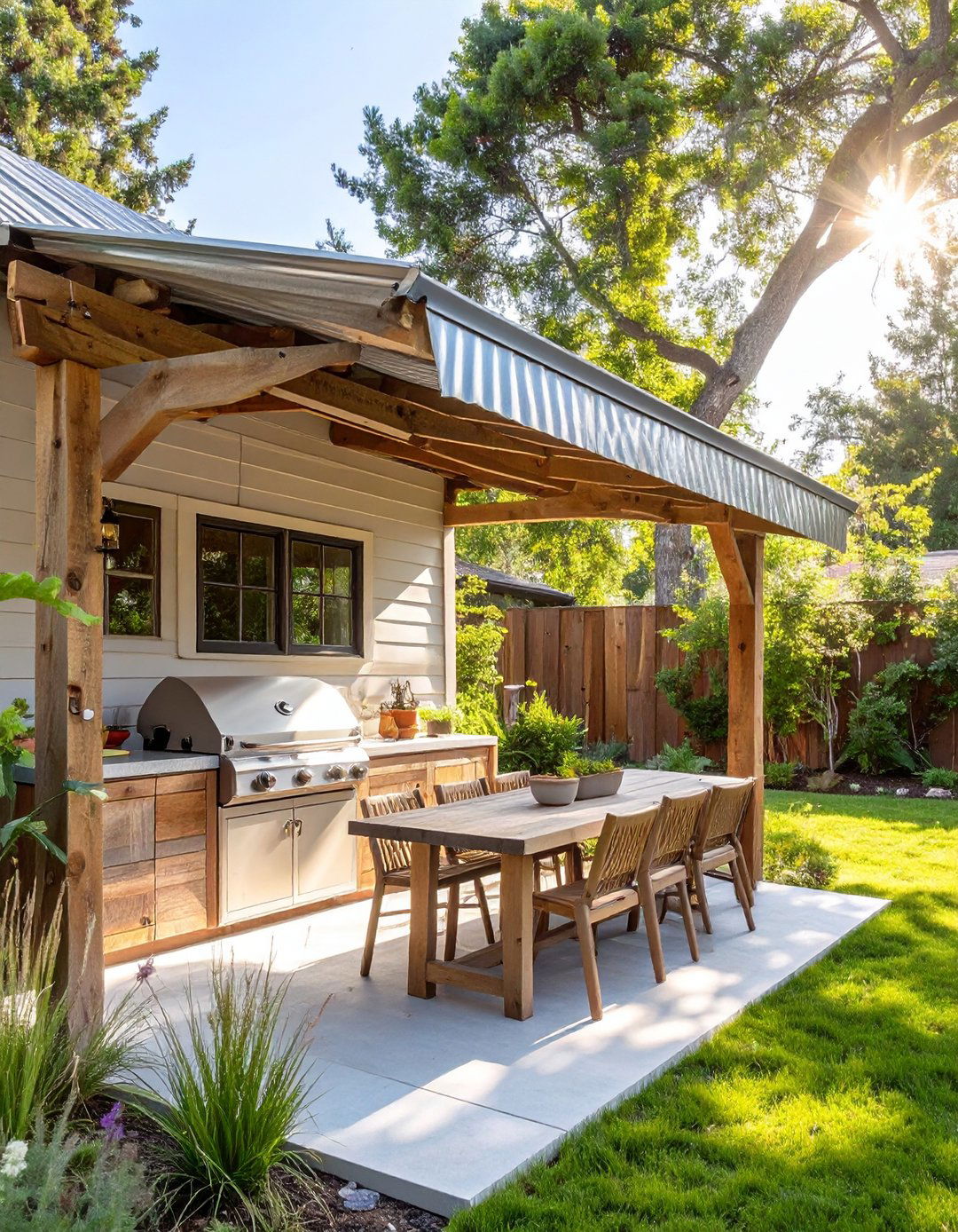 Reclaimed Sheet Metal Awning - 30 budget diy backyard shade ideas