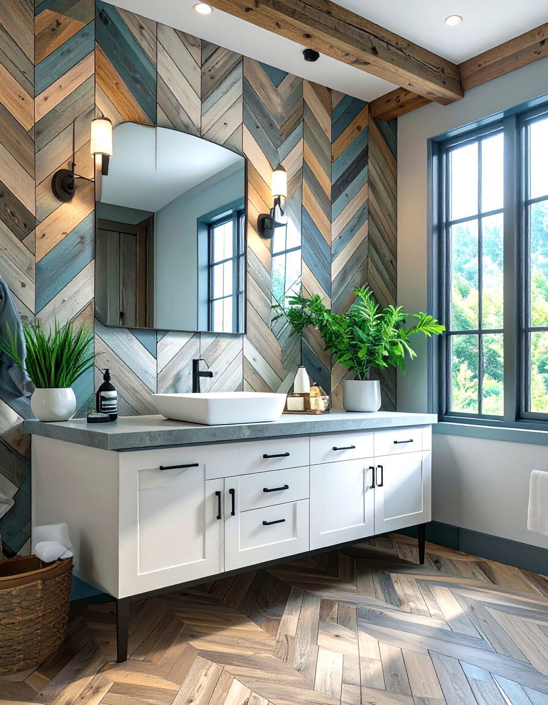 Reclaimed Wood Herringbone Bathroom Backsplash - 30 bathroom vanity backsplash ideas