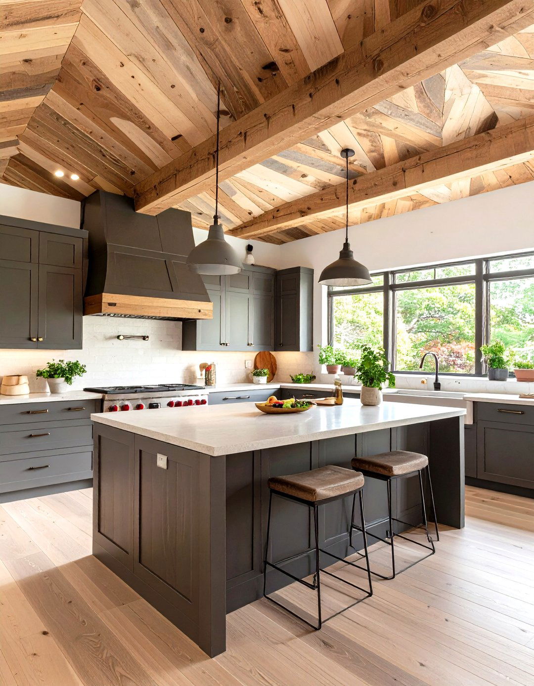 Reclaimed Wood Herringbone Kitchen Ceiling - 30 kitchen ceiling ideas