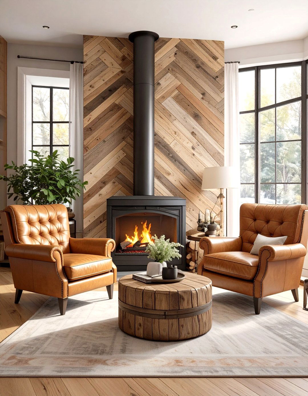 Reclaimed Wood Herringbone Pattern - 30 modern fireplace accent wall ideas