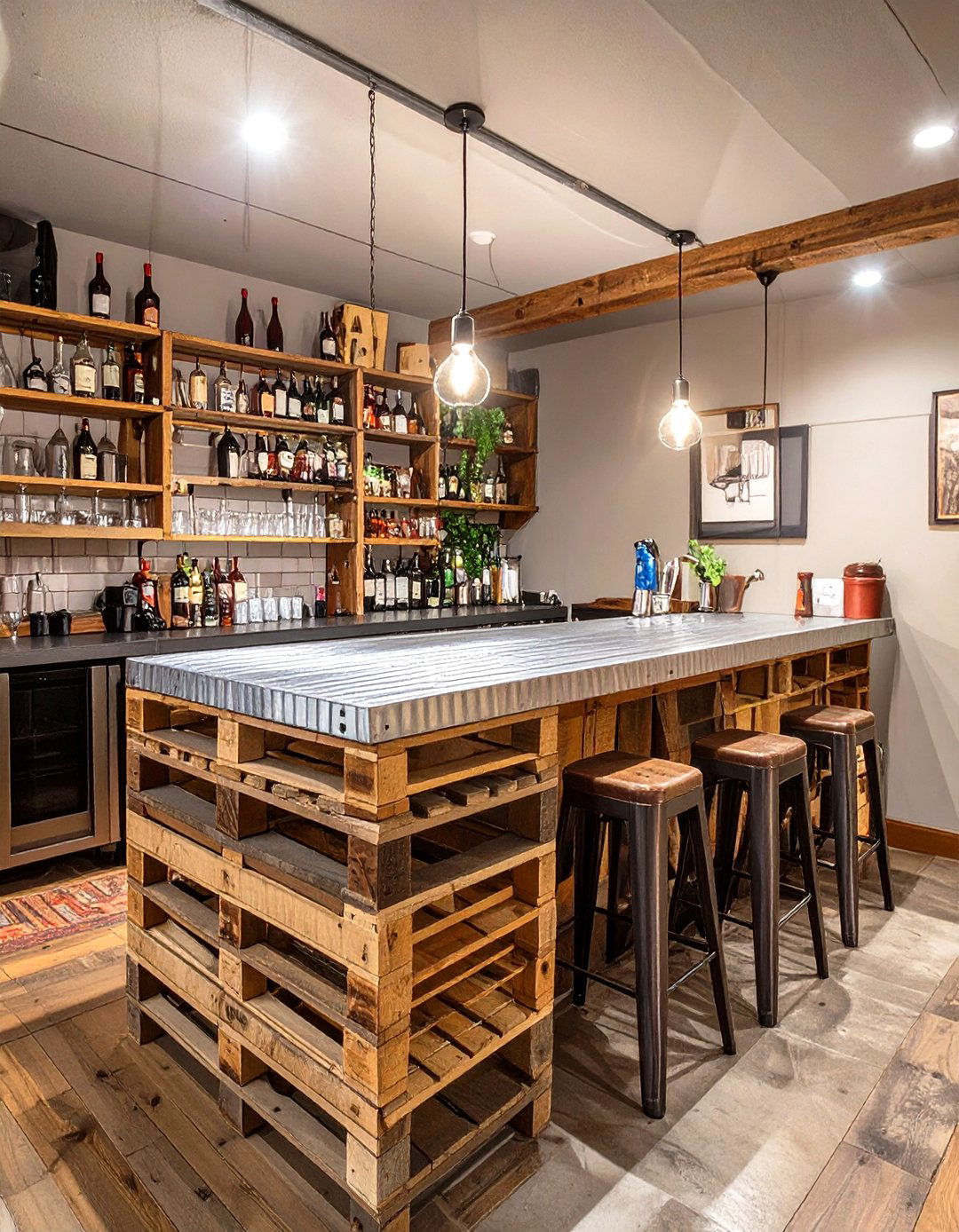 Reclaimed Wood Pallet Bar - 30 small basement bar ideas
