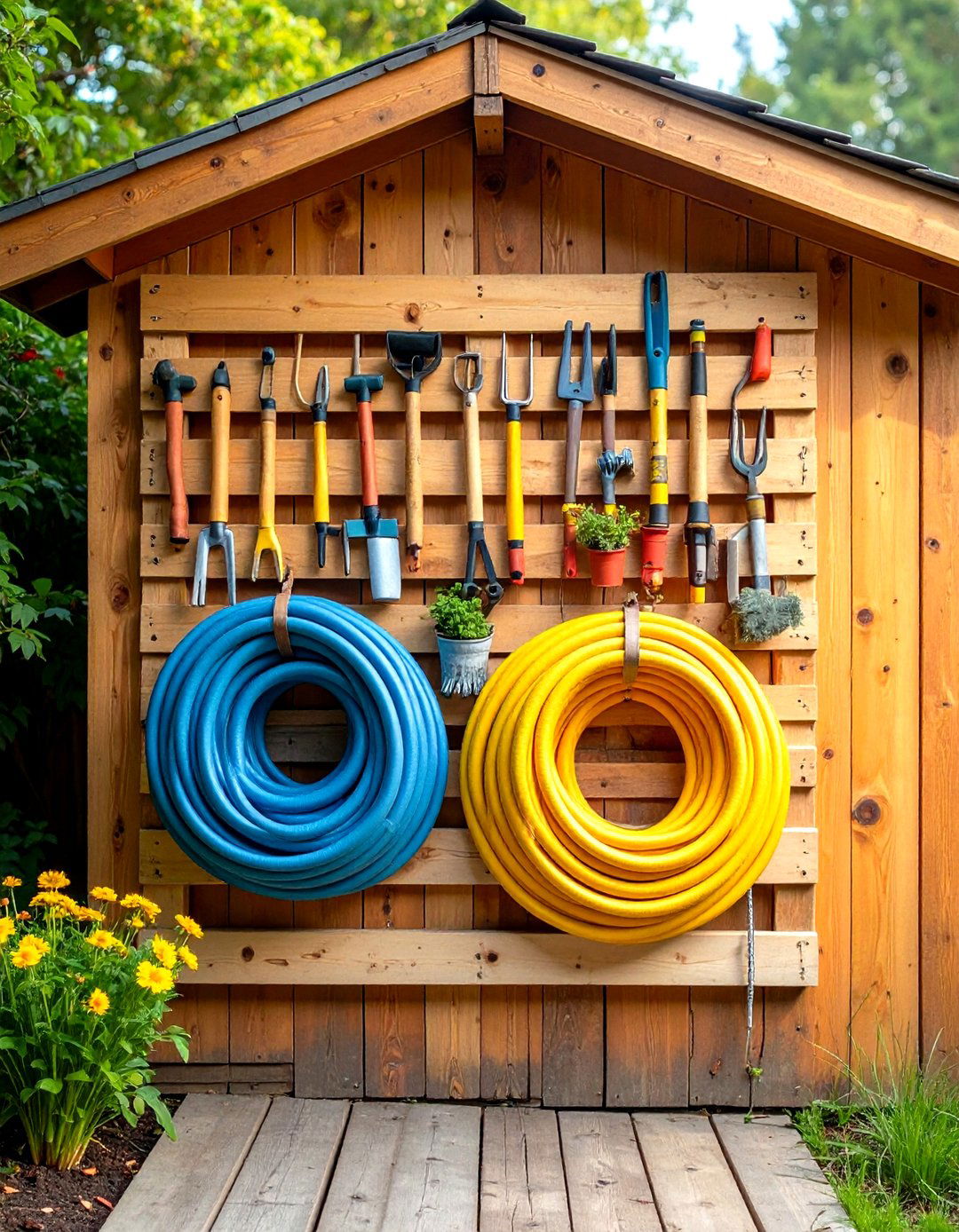 Reclaimed Wood Pallet Hose Rack - 30 garden hose storage ideas