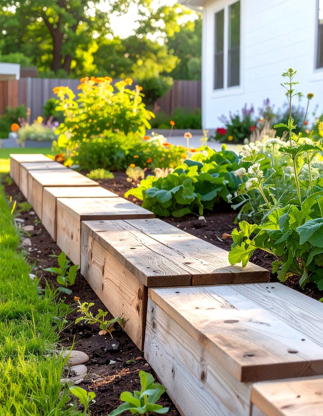 Reclaimed Wood Plank Border - 30 cheap creative garden edging ideas