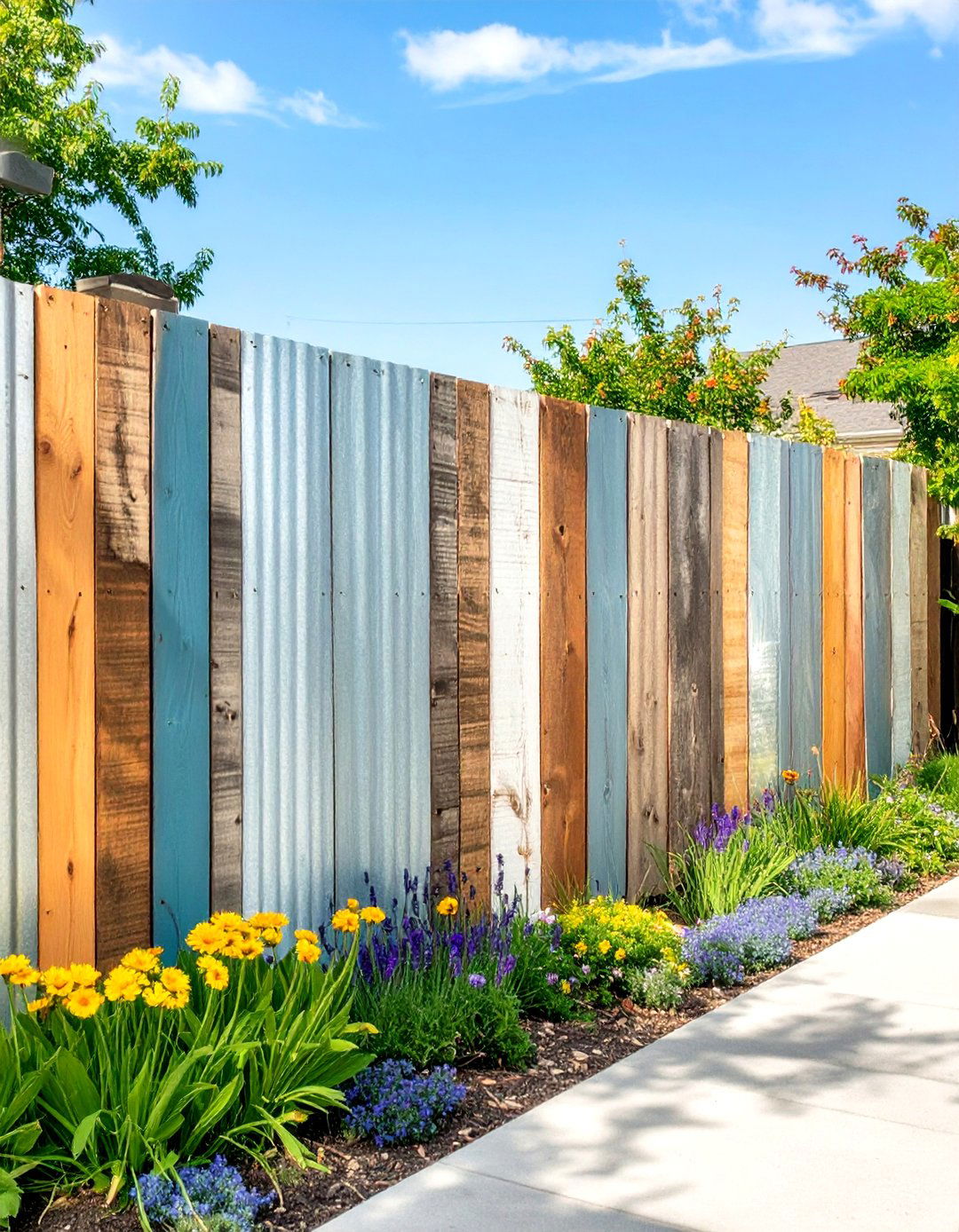 Reclaimed Wood and Metal Fence - 30 cheap front yard fence ideas