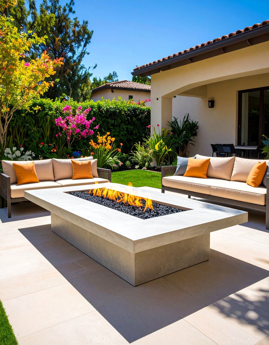 Rectangular Patio with a Linear Fire Table - 30 patio layout ideas rectangle