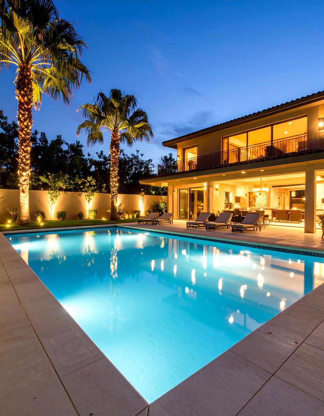 Rectangular Pool with Dramatic Landscape Lighting - 30 rectangular pool landscaping ideas