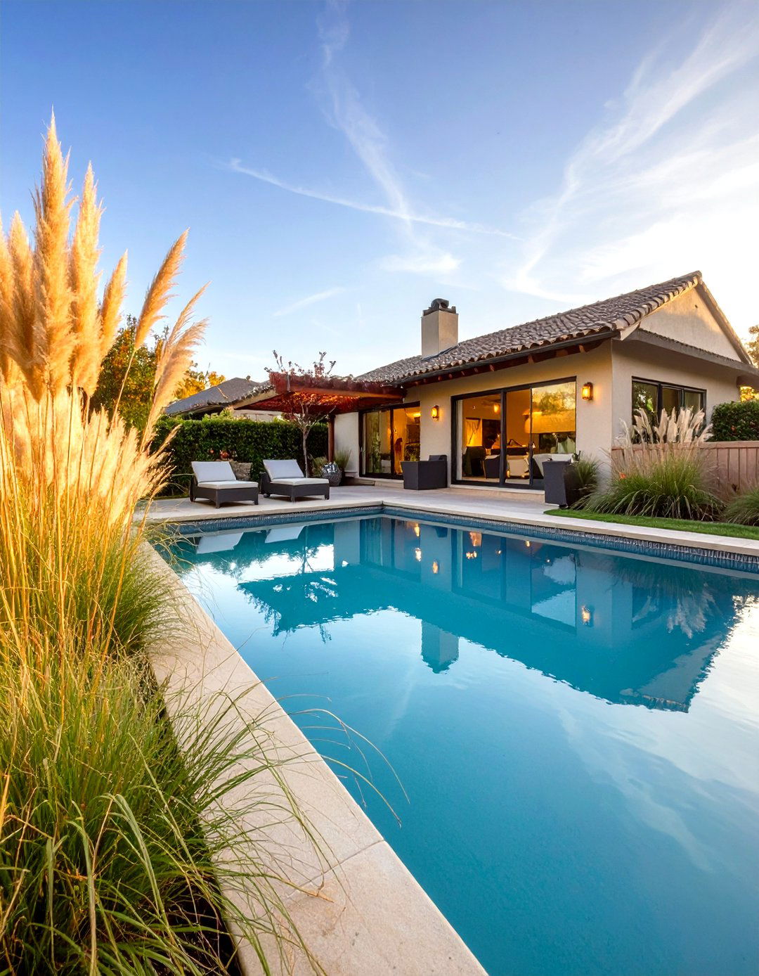 Rectangular Pool with Tall Ornamental Grasses - 30 rectangular pool landscaping ideas