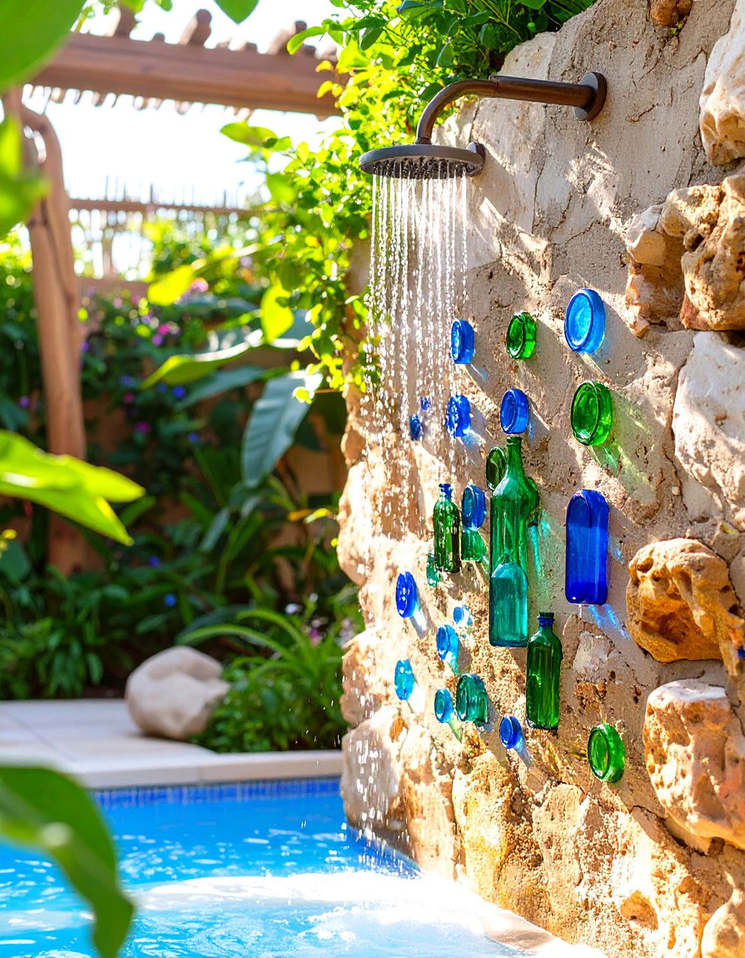 Recycled Bottle Wall Detail - 30 rustic outdoor shower ideas