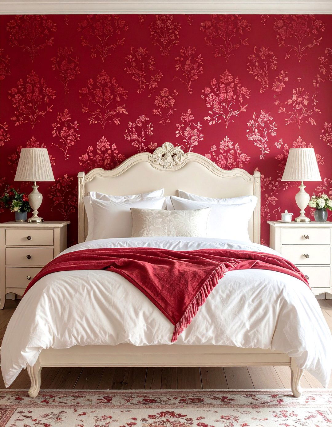 Red Toile Patterned Wallpaper - 30 red bedroom ideas